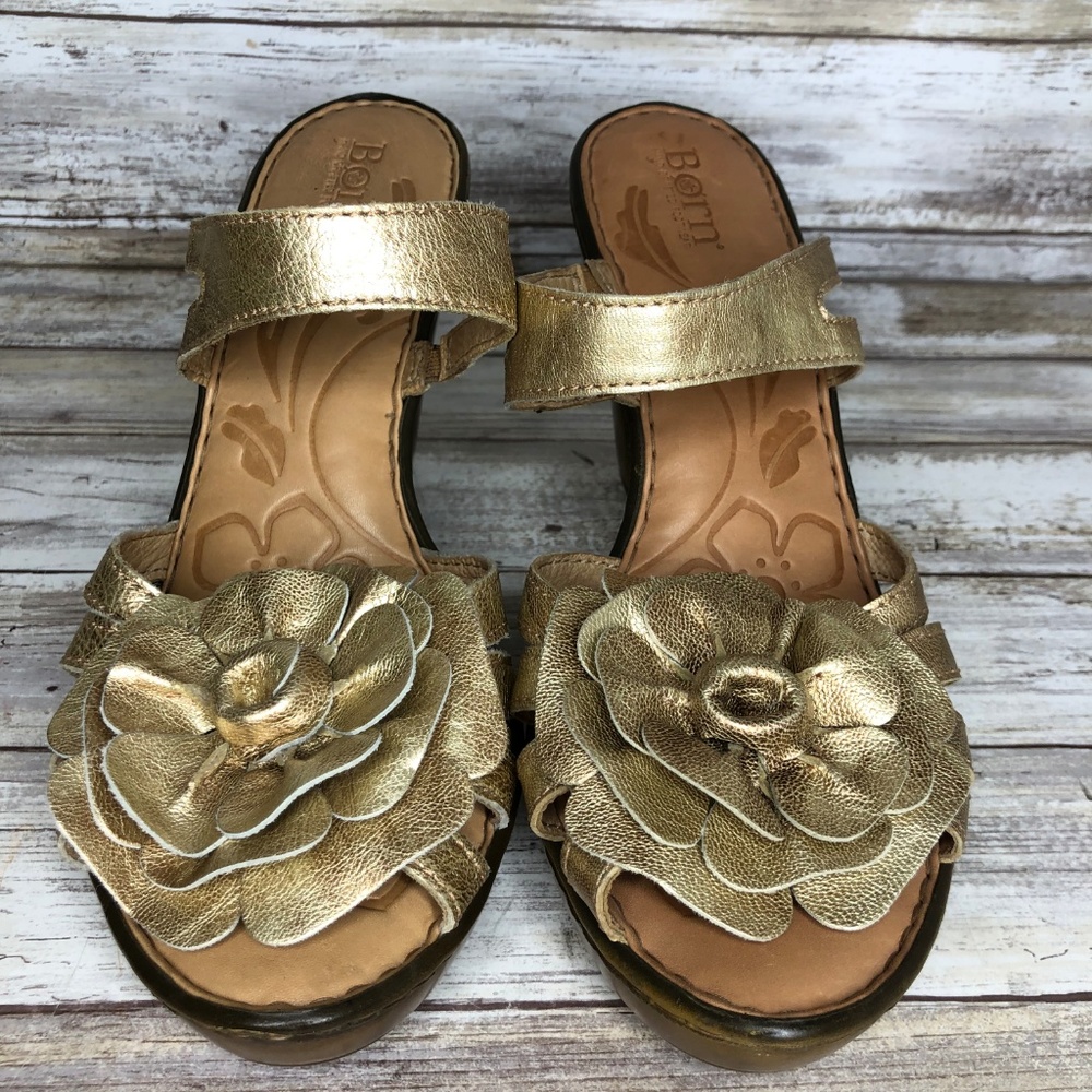 Born 10M Gold Leather Platform Slide Sandal - Picture 3 of 8